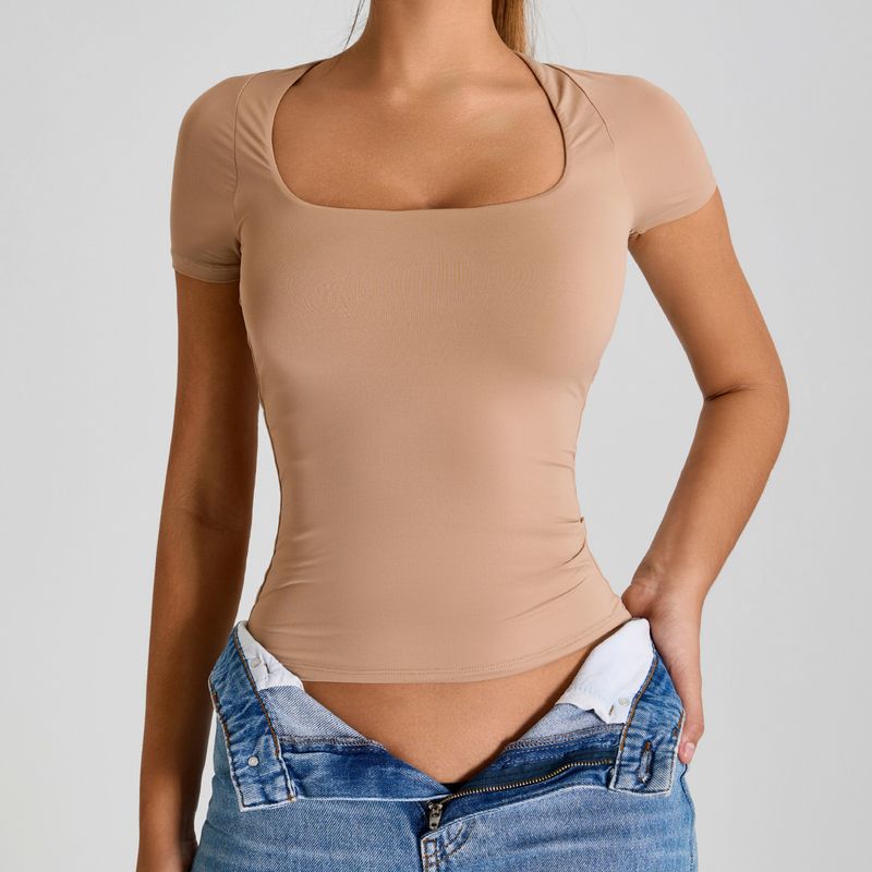 Women's Square Neck Yoga Top - Breathable Short Sleeve Workout Shirt For Running Pilates Gym Fitness, Moisture-Wicking Stretchy Activewear Tops_voghion.com