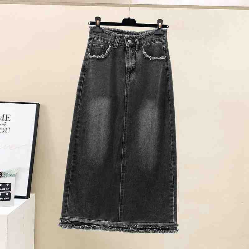 Half denim skirt, women's mesh red, black, gray ins, new raw edge design, pear shaped straight tube, A-line wrapped_voghion.com