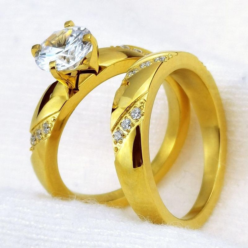 Ahappy Gold Color Wedding Engagement Hers Stainless Steel Rings For Women_voghion.com