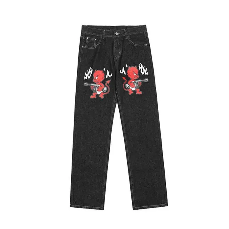 Jeans da uomo Y2K Uomo Donna Pantaloni lavati in denim dritto stampato Pantaloni jeans larghi a gamba larga strappati Abbigliamento streetwear_voghion.com