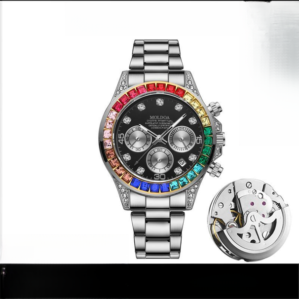 Rainbow Di Diamond Inlaid Fully Automatic Mechanical for Men, Men's Watch with Hollow out Calendar, Waterproof Night_voghion.com