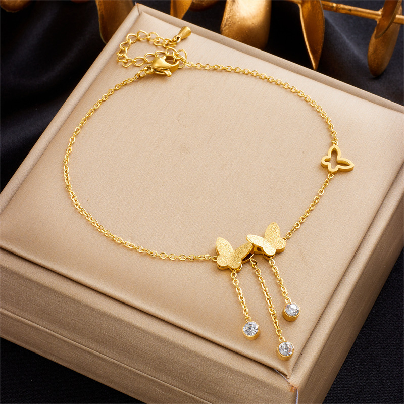 Korean style fashion temperament simple retro versatile hollow frosted butterfly diamond chain tassel pendant anklet_voghion.com