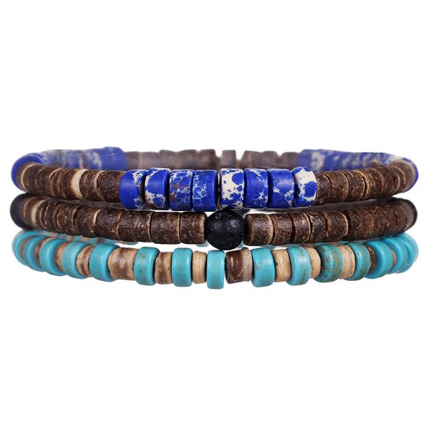 Hot Selling Handmade Beaded Coconut Shell Wood Bracelets For Men, Retro Style, Multi Layer Stacking, Turquoise Emperor Stone Bracelet_voghion.com