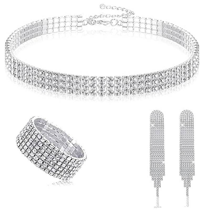 4 Teile/satz Damen Mode Glänzenden Strass Halsband Halskette Quaste Ohrringe Elastische Armband Party Kupplung_voghion.com