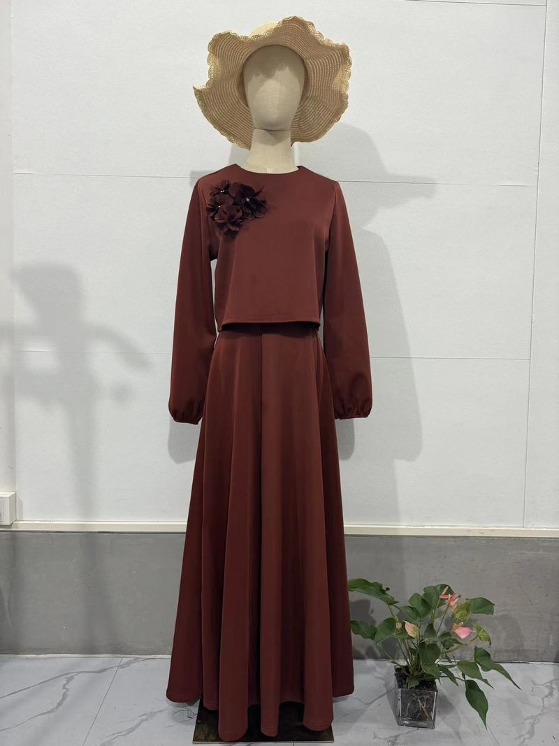 New Muslim Flower Loose Top Half Skirt Fashion Casual Set_voghion.com