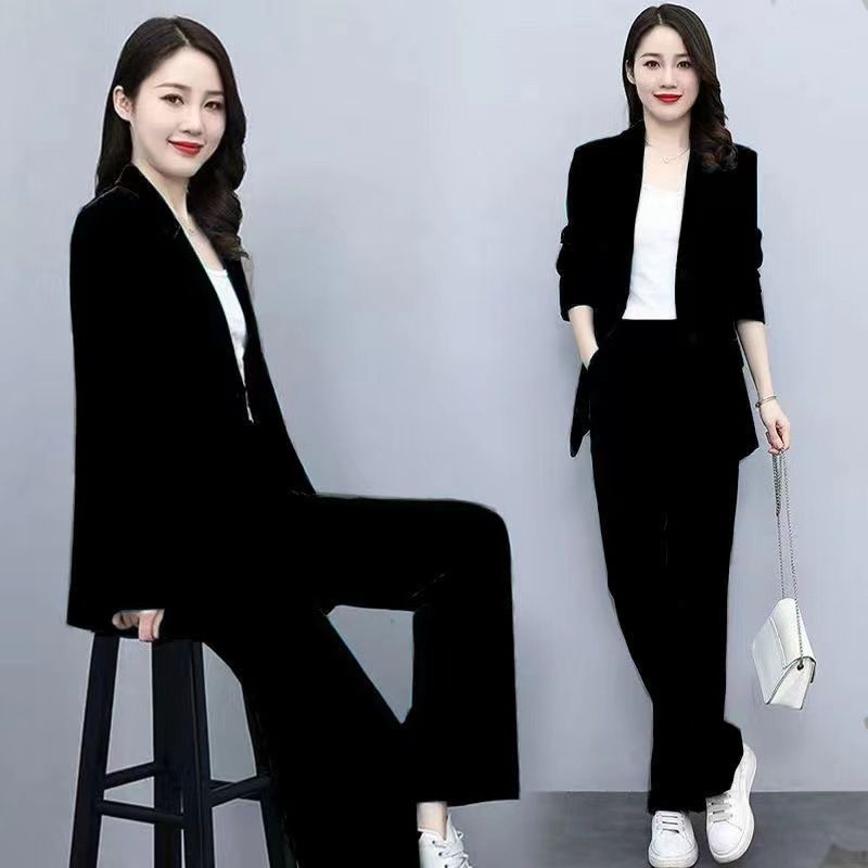 Frühling und Herbst, Anzug im neuen Stil, professionell, elegant, schmal geschnitten, Langarm-Blazer, Hose mit weitem Bein, zweiteiliges Set für Damen_voghion.com