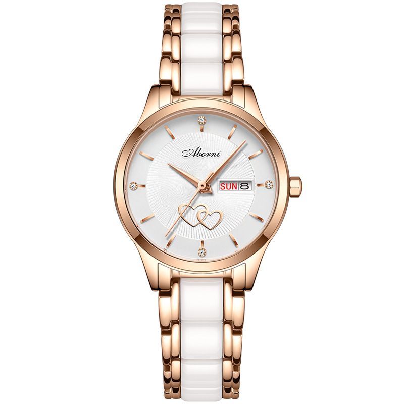 Orologio da donna con doppio calendario, luce, lusso, temperamento, quarzo in ceramica, orologio da donna ultra sottile, moda, doppio cuore, impermeabile, regalo_voghion.com