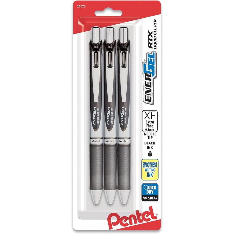 EnerGel RTX Retractable Liquid Gel Pen 0.3mm Extra Fine Line Needle Tip Black Ink Pack Of 3 (BLN73BP3A)_voghion.com