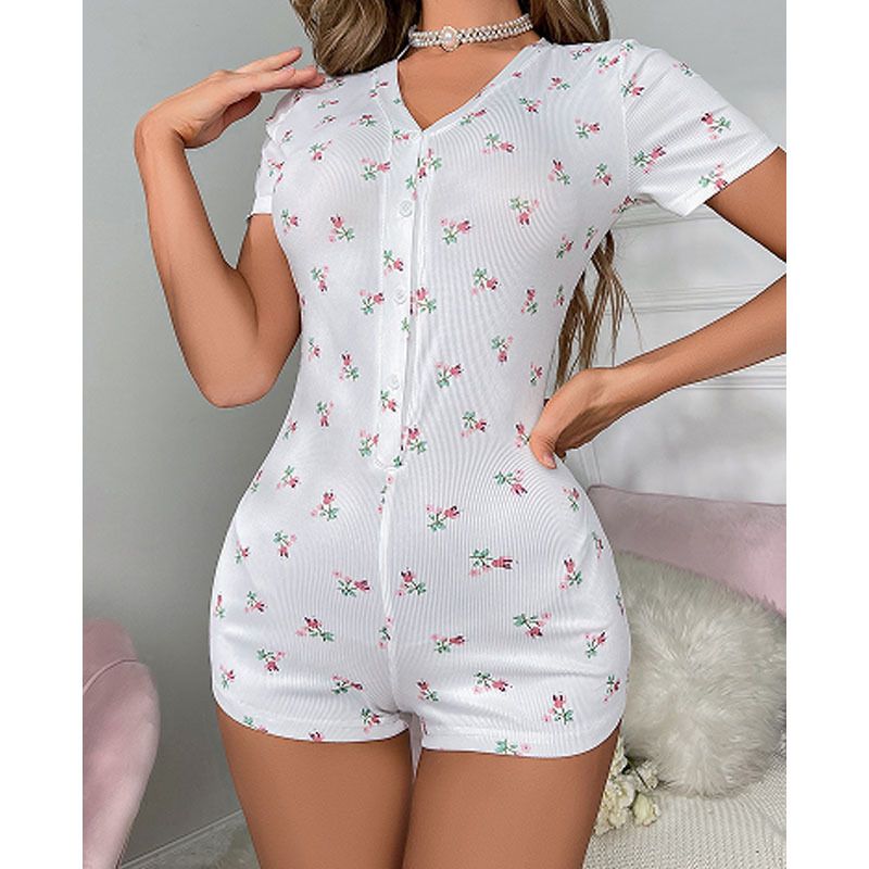 Women's Sleepwears Style Floral One Piece Shorts Home Clothes V Neck Short Sleeved One Piece_voghion.com