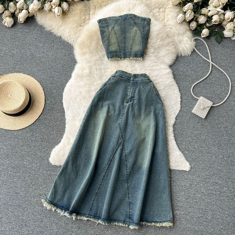 Abbigliamento da donna, abito in denim dal temperamento retrò per donna, top corto e sottile per ragazza calda + abito a due pezzi con gonna ampia e altalena_voghion.com