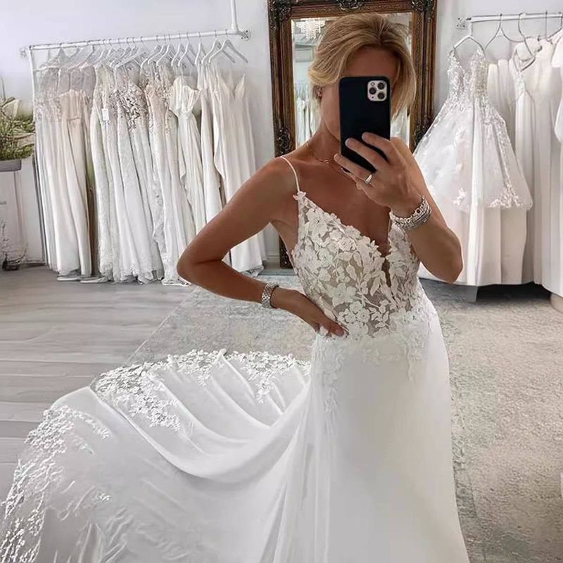 Dameskleding visgraat trouwjurk voor bruiden, slank en dun, Franse satijnen kant, jurk voor reisfotografie, elegante en lichte luxe jurk_voghion.com
