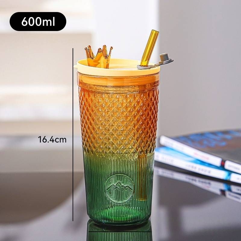 Crown Design Gradient Glass Cup - Double-Wall Insulated Tumbler With Straw (Stylish Drinkware For Milk Tea & Beverages)​_voghion.com