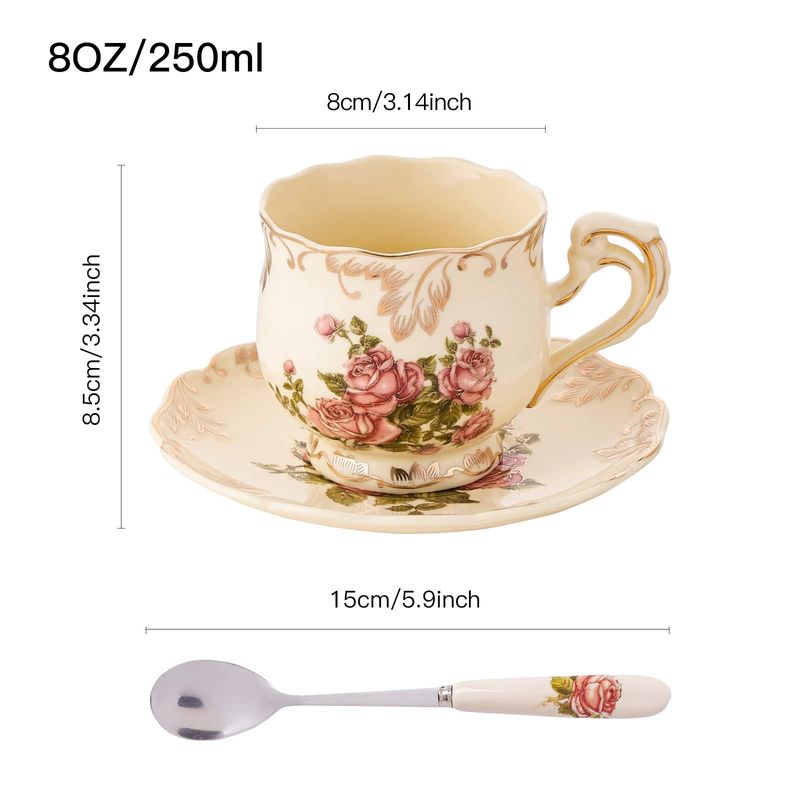 Çay Fincanı ve Tabağı Seti, 8 Oz Çay Fincanı Seti, Çay Fincanı, Seramik Çay Fincanı ve Kaşık, Fildişi Vintage Gül Çiçek Desenli Altın Yapraklı Süsleme, Kadınlar İçin Hediyeler_voghion.com