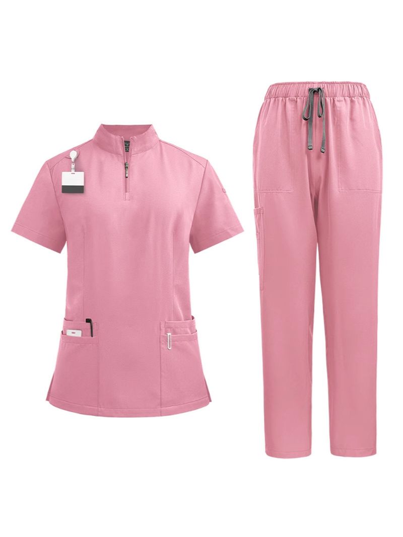 Women's Clothing Stand Collar Short Sleeve Elastic Quick Drying Doctor Hospital Work Clothes Uniform Two Piece Straight Trousers _voghion.com