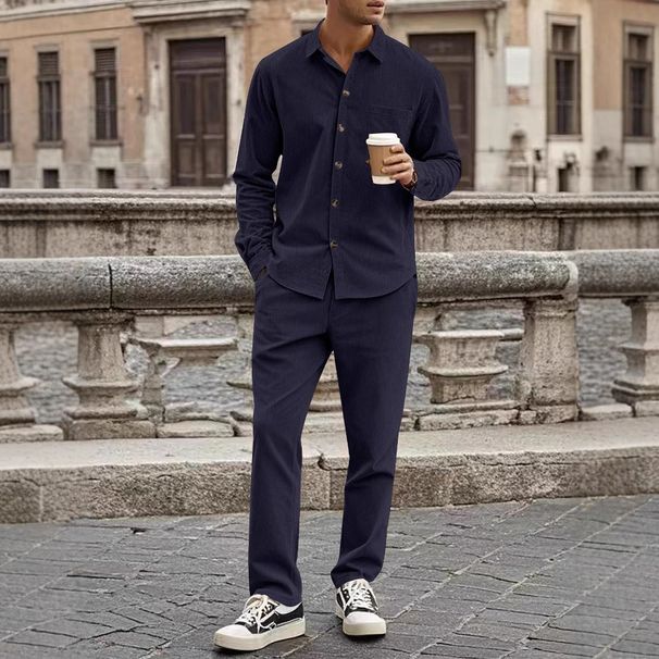 Herren Herbst Casual Button Down Hemd Strickjacke Langarm Hosen Anzug_voghion.com