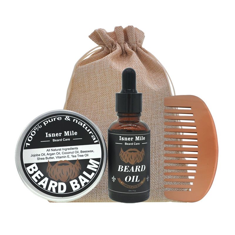 Bartset mit Teebaumöl, Bartcreme-Pflegeset für Männer, leichte Stofftasche, 3-teiliges Set_voghion.com