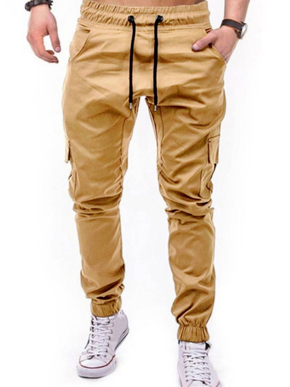 Pantalon de survêtement cargo multi-poches en tissu tissé pour homme_voghion.com