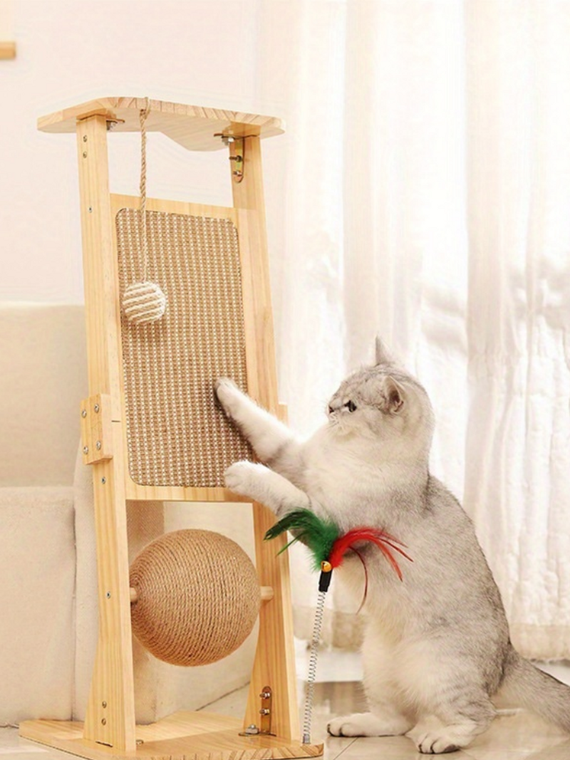 Krabpaal voor katten met speeltje - Verstelbare houten krabpaal voor binnenkatten - Natuurlijke sisalhelling, massief houten frame_voghion.com