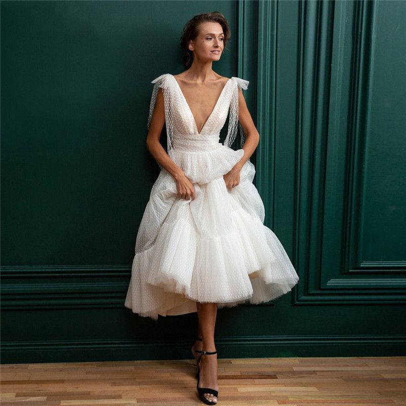 Women's short petite dress foreign trade white wedding dress skin color plaid short wedding dress wholesale_voghion.com