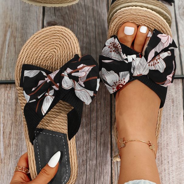 Γυναικεία Παπούτσια INS Χειροποίητα One Word Σχοινί Ψάθινο Υφαντό Four Seasons Νέα ραφές εξωτερικού χώρου Φιόγκος επίπεδη τακούνι παντόφλες για εξωτερικούς χώρους_voghion.com