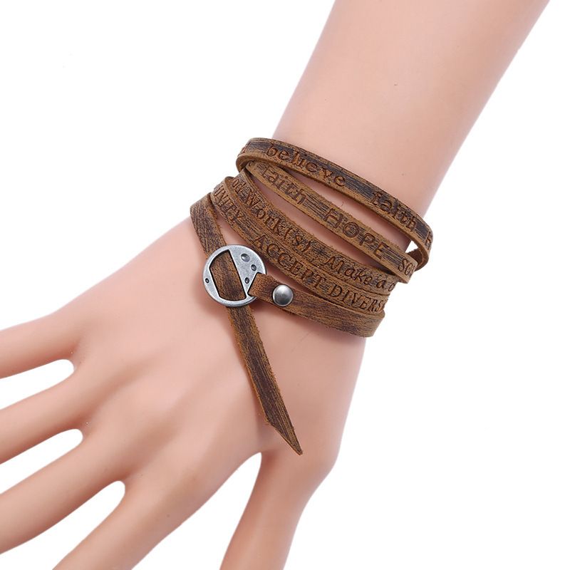 Pulsera de cuero genuino con cinco anillos en relieve para hombre, personalizada con múltiples anillos_voghion.com