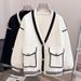 Damenbekleidung Doppelseitiger Woll-Cardigan-Mantel - Dicker Strickpullover mit offener Vorderseite, V-Ausschnitt und Taschen, Elegante und lockere Passform, Schwarz und Weiß_voghion.com