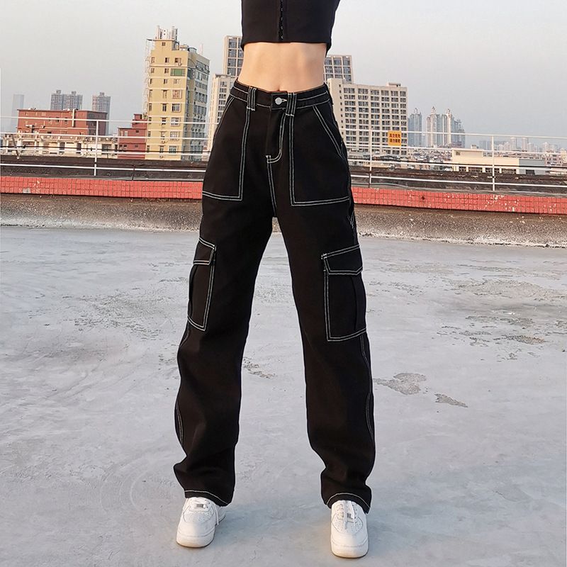 Women's Clothing Street Fashion Multi Pocket Workwear Straight Trousers High Waist Slimming Loose Khaki Jeans For Women_voghion.com