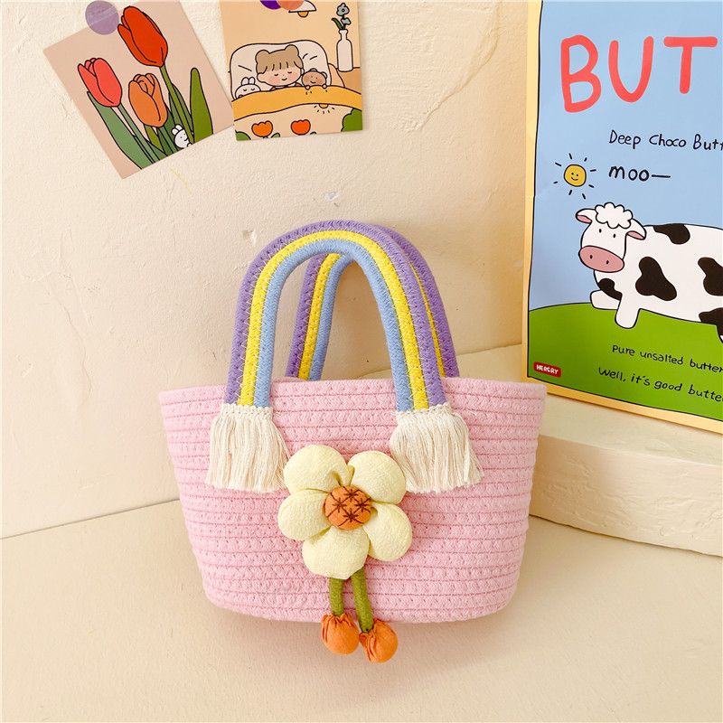 Children's Handbag Cotton Rope Woven Women's Bag Souvenir Vegetable Basket Children's Shoulder Bag Cartoon Sunflower Rainbow Bag_voghion.com