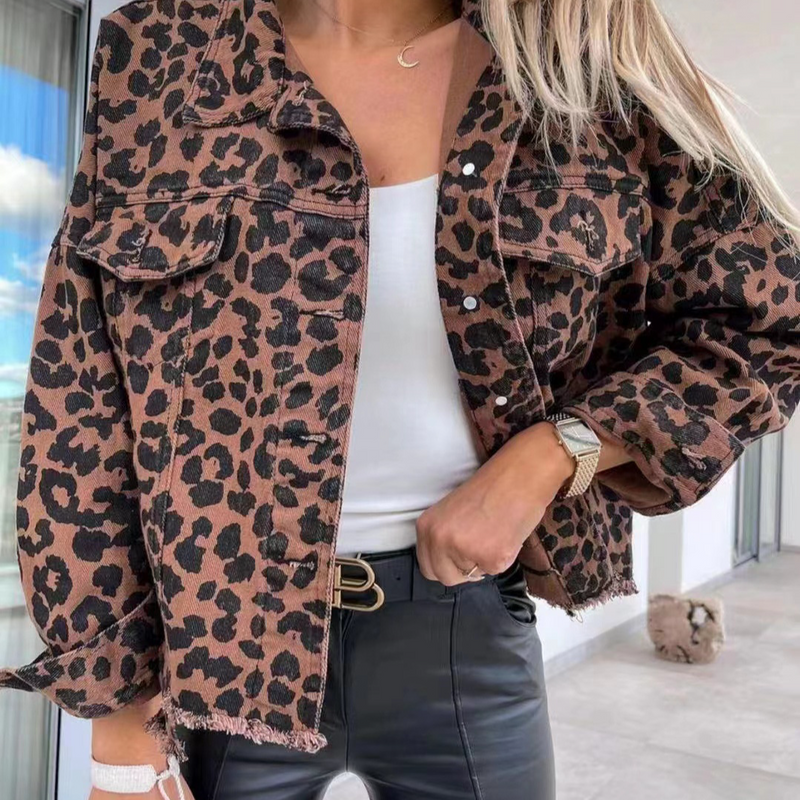 Women's Clothing new spring and autumn denim jacket leopard print long sleeved short loose casual jacket for women in stock_voghion.com