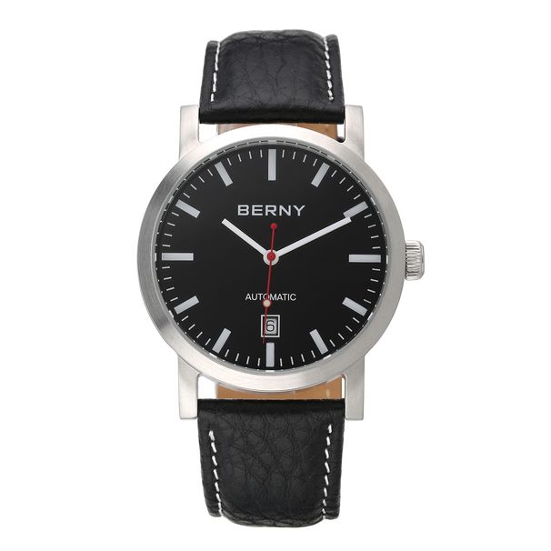 BERNY Automatikuhren für Herren, 5 ATM wasserdicht, analog, mechanisch, Lederarmbanduhr mit Datum, leuchtend, Edelstahl, minimalistisches Kleid, Herrenarmbanduhr_voghion.com