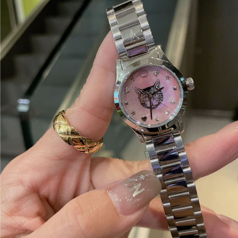 New Fashion Trend Pink Mother-Of-Pearl Women's Quartz G Brand Simple Cat Head Steel Band Watch_voghion.com