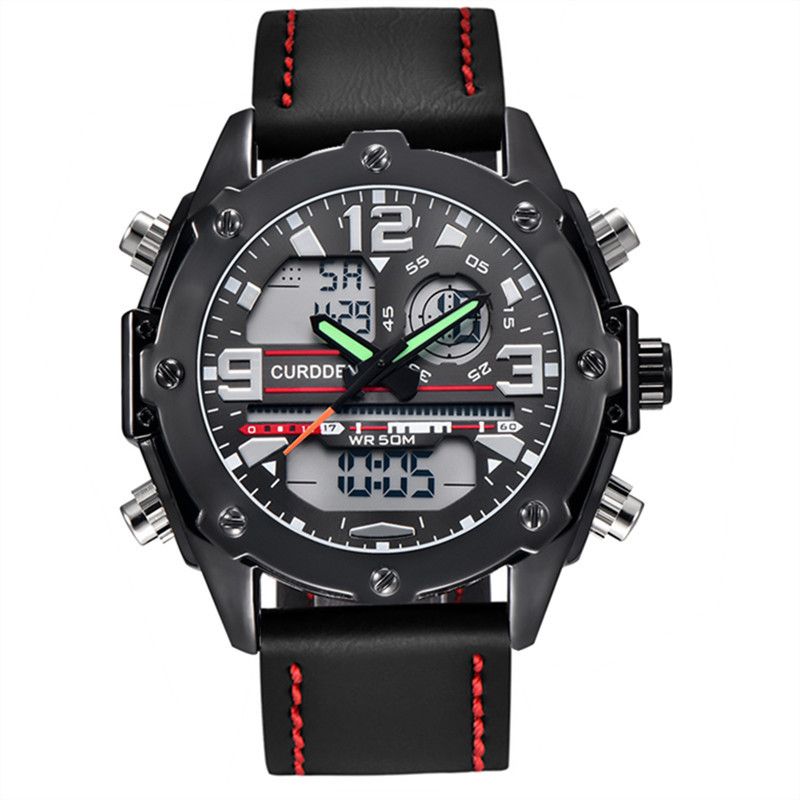 Men's Sport Digital Analog Watch With Multifunction Display, PU Strap, LED Backlight, GMT, Alarm, And Date_voghion.com