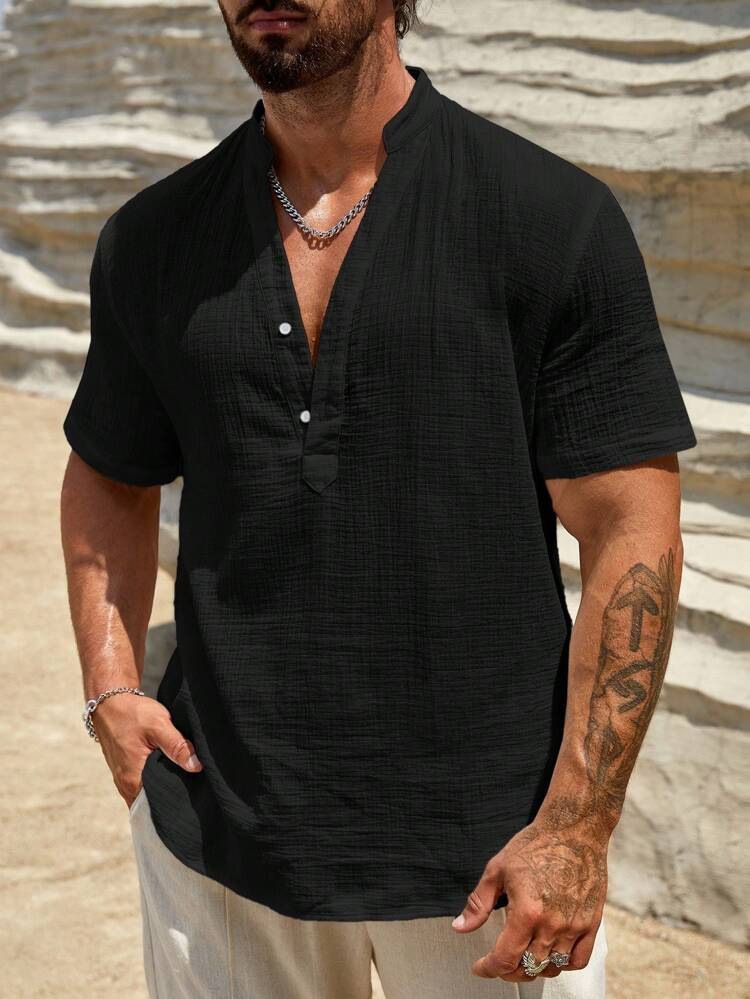Camicia da uomo a strato singolo, traspirante, con colletto alto, a maniche corte, alla moda, semplice, tinta unita_voghion.com