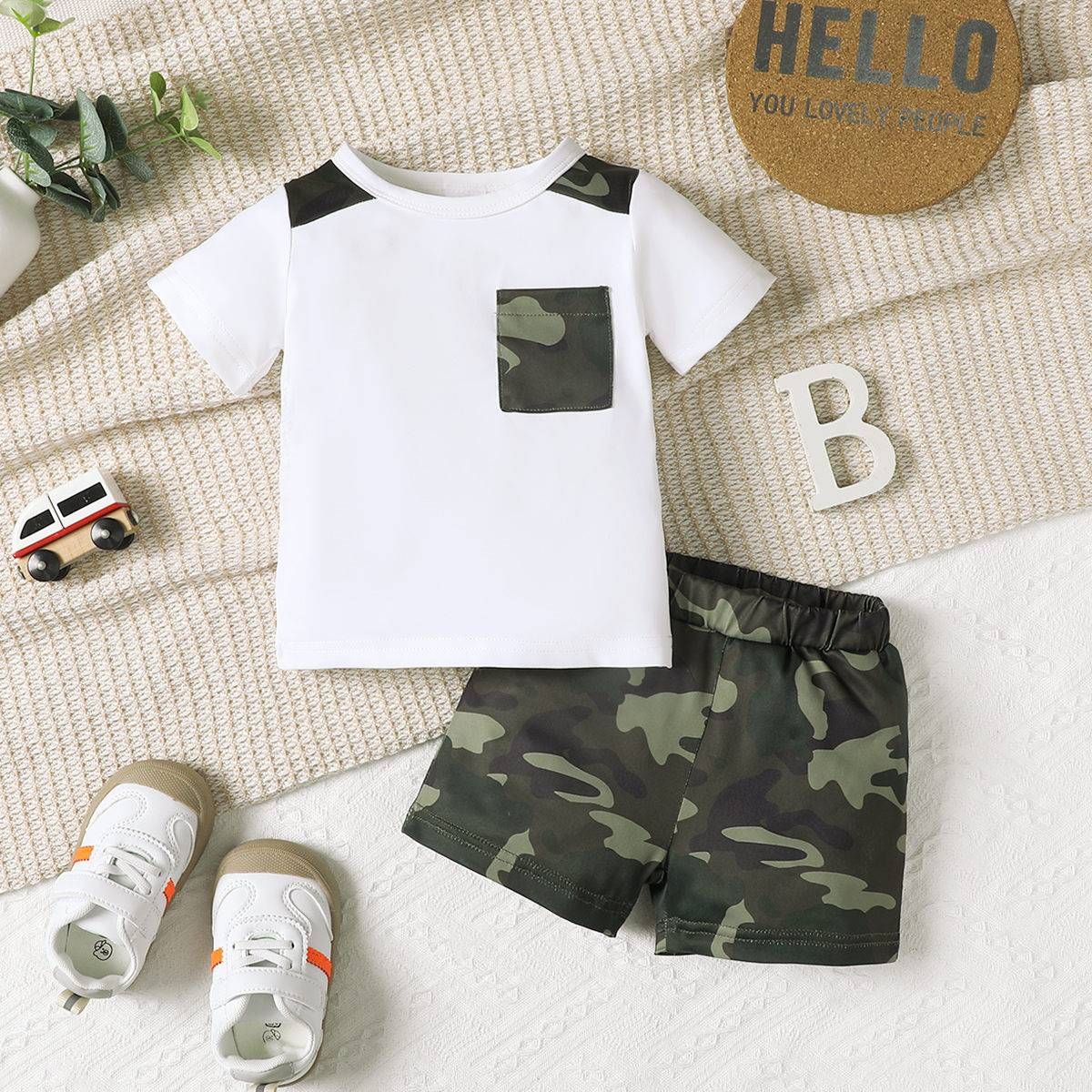 Kid's Clothing Boys Spring and Autumn 2024 New Camouflage Short Sleeve Top + Camouflage Shorts Two-piece Set_voghion.com