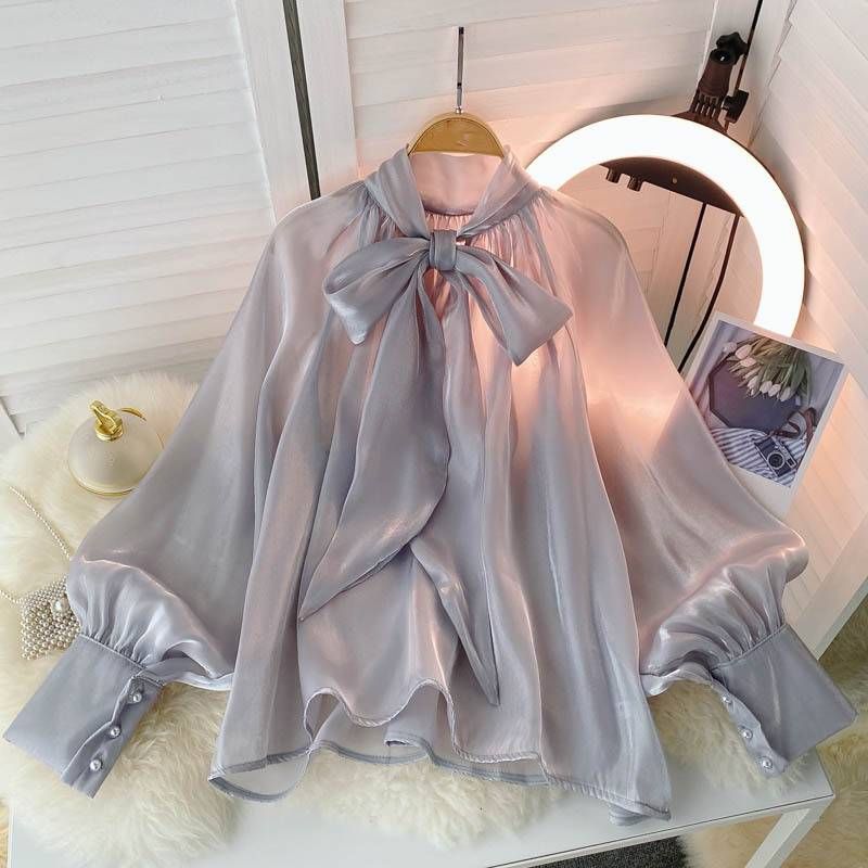 Koszula francuska damska designerska nisza lekka luksusowa styl gwiazd uniwersalna koszula delikatny styl bufiaste rękawy_voghion.com