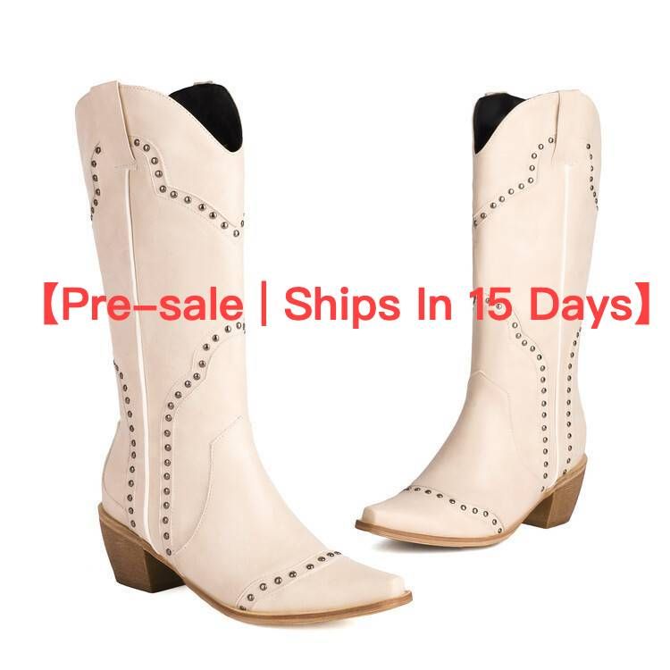 【Pré-venda | Entrega em 15 dias】Botas estilo western com tachas e orelhas pontudas, salto alto grosso, botas femininas plus size sem cadarço e cano médio_voghion.com