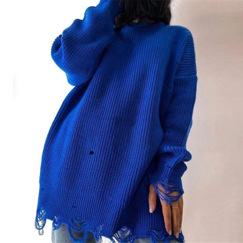 Damenbekleidung Herbst und Winter neuer einfarbiger Rundhalsausschnitt Langarmsaum zerrissener locker gestrickter Pullover_voghion.com
