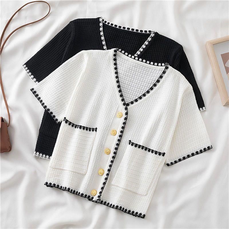 Leichte Strickjacke mit V-Ausschnitt, dünnes, langärmeliges Damen-Strickoberteil mit offener Vorderseite, kurze, kurze Bluse mit Schnürung_voghion.com