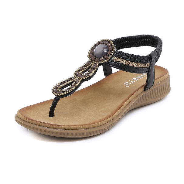 2025 New Style Sandals Bohemian Rhinestone Comfortable Round Toe Beach Vacation Large Size Flat Shoes_voghion.com