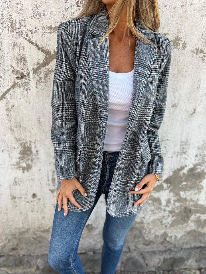 Elegant Houndstooth Blazer Coat For Women – Vintage-Inspired Oversized Long Sleeve Cardigan With Notched Lapel, Pockets & Comfort Fit_voghion.com