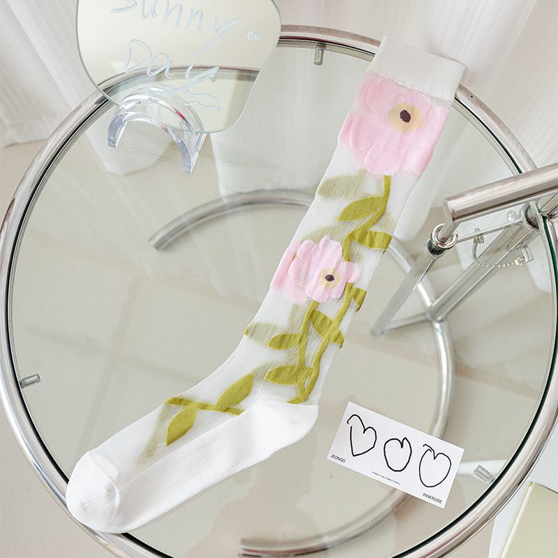 Blue Floral Sweet Summer Thin Calf Women, Ins Style Fresh Long Tube Socks Girls, Suitable For Wearing With Sandals_voghion.com