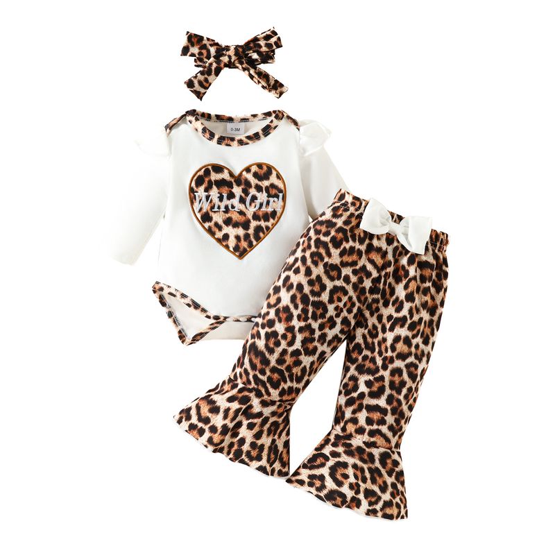 Madre y niños Amazon bebé estampado de leopardo carta de amor bordado mameluco triangular de manga larga arco pantalones acampanados con estampado de leopardo europeos y americanos_voghion.com
