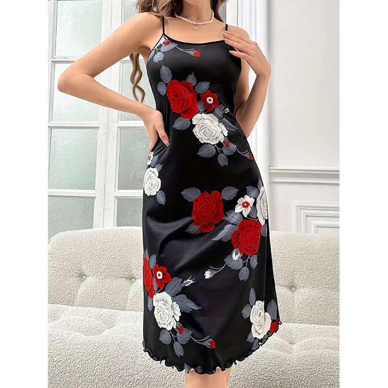 2025 Nieuwe zomer dames nachtjapon met rozenprint, casual elegante, middellange camisolejurk_voghion.com