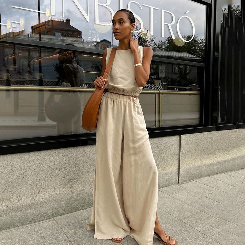 [Cotone e lino] Completo da donna in cotone e lino, top corto senza maniche, pantaloni a gamba larga, due pezzi_voghion.com