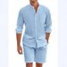 Herrenbekleidung Heißer Verkauf Herren Zweiteiler Baumwolle und Leinen Bequemes Button-Down-Hemd Langarm-Shorts Strickjacke Einfache lässige Strandkleidung_voghion.com