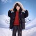 Kids' Waterproof Puffer Jacket With Faux Fur Hood – 90% White Duck Down Coat (120-160cm) – Sporty Color-Block Design For Boys (Black/Navy)_voghion.com