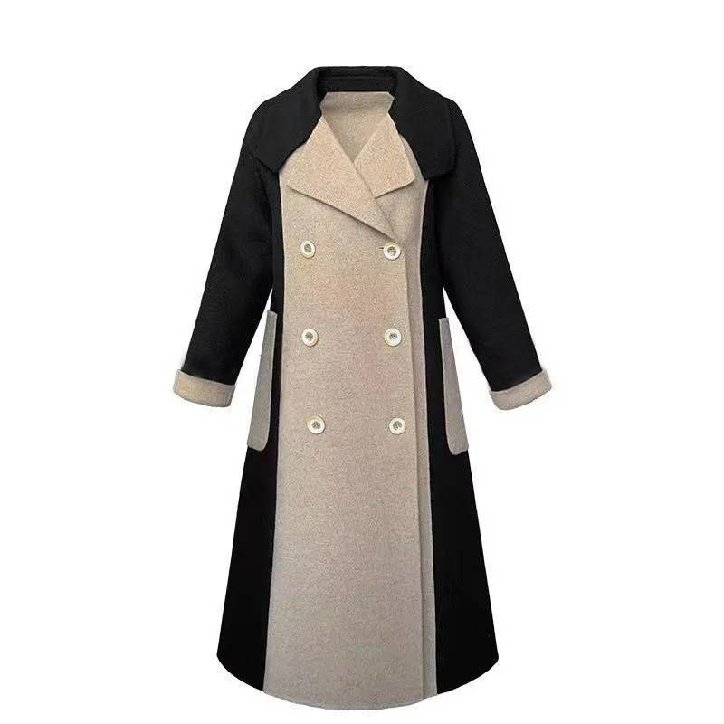 Women's Clothing Winter new loose large size color matching temperament Hepburn style slim woolen coat women's long belt coat_voghion.com