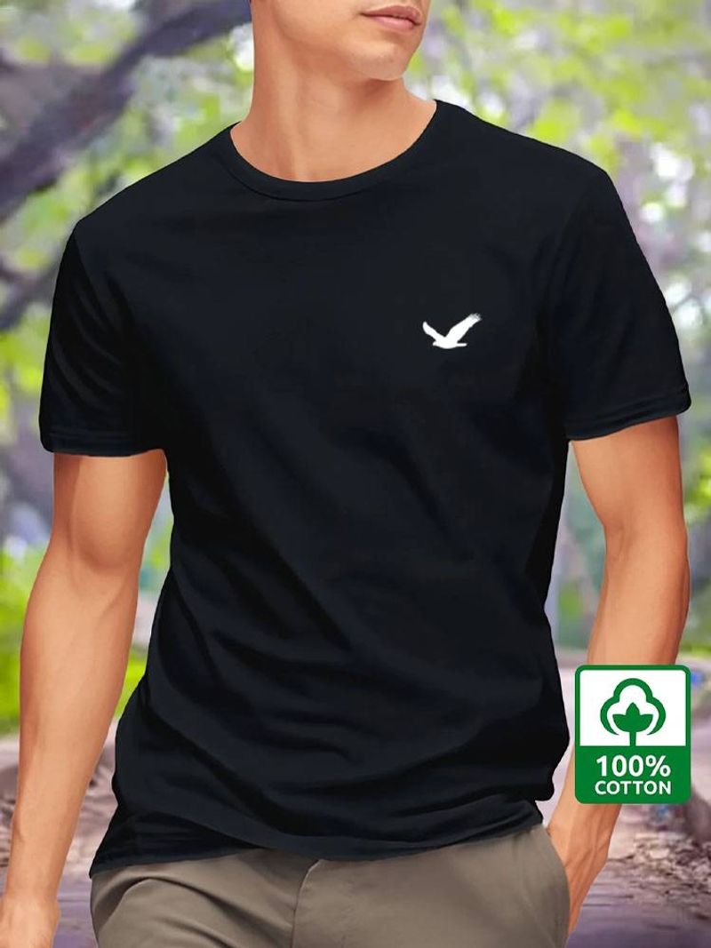100% Cotton Men'S Basic Short Sleeve T-Shirt With Printed Bird Design - Regular Fit, Round Neck, Normal Length_voghion.com