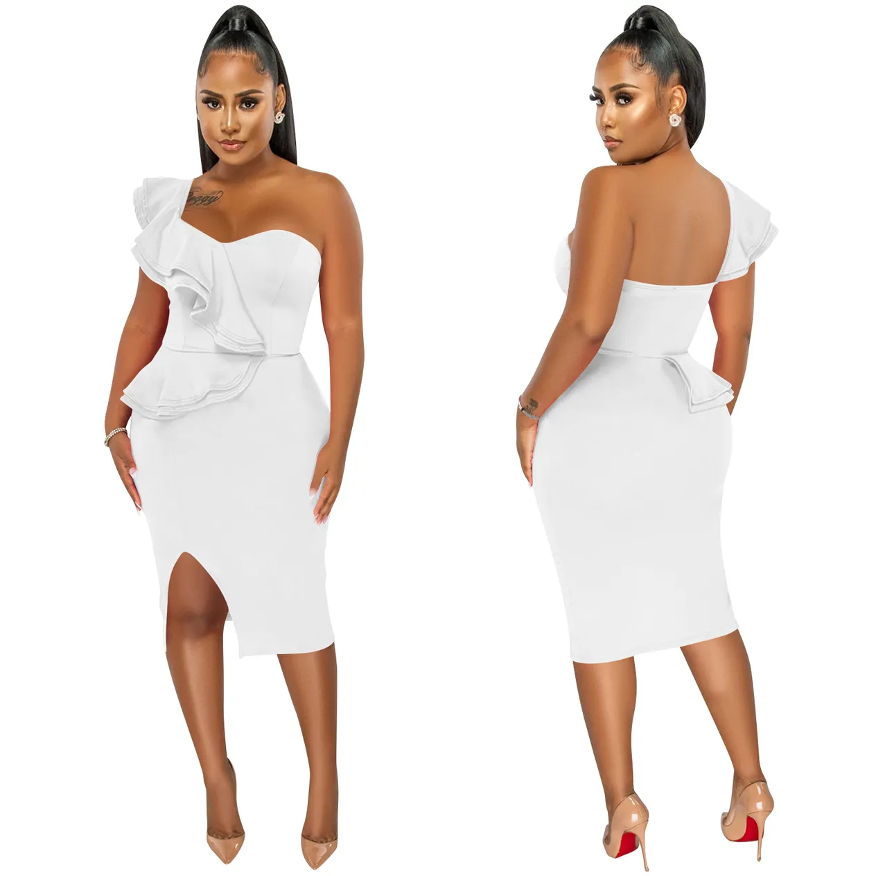 Women's Clothing fashion casual ruffled slit one shoulder sleeve dress women's clothing_voghion.com