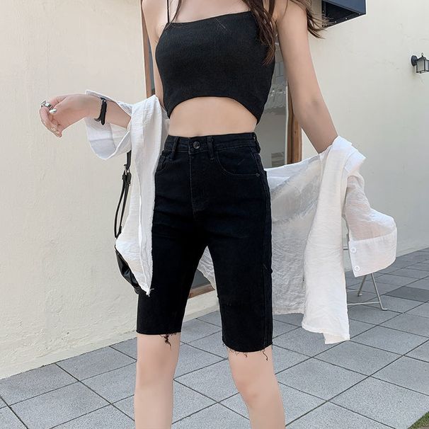 Denim nero per le donne 2024 estate nuovi pantaloncini elastici da 5 pollici a tubo dritto a vita alta elasticizzati rossi dimagranti attillati_voghion.com